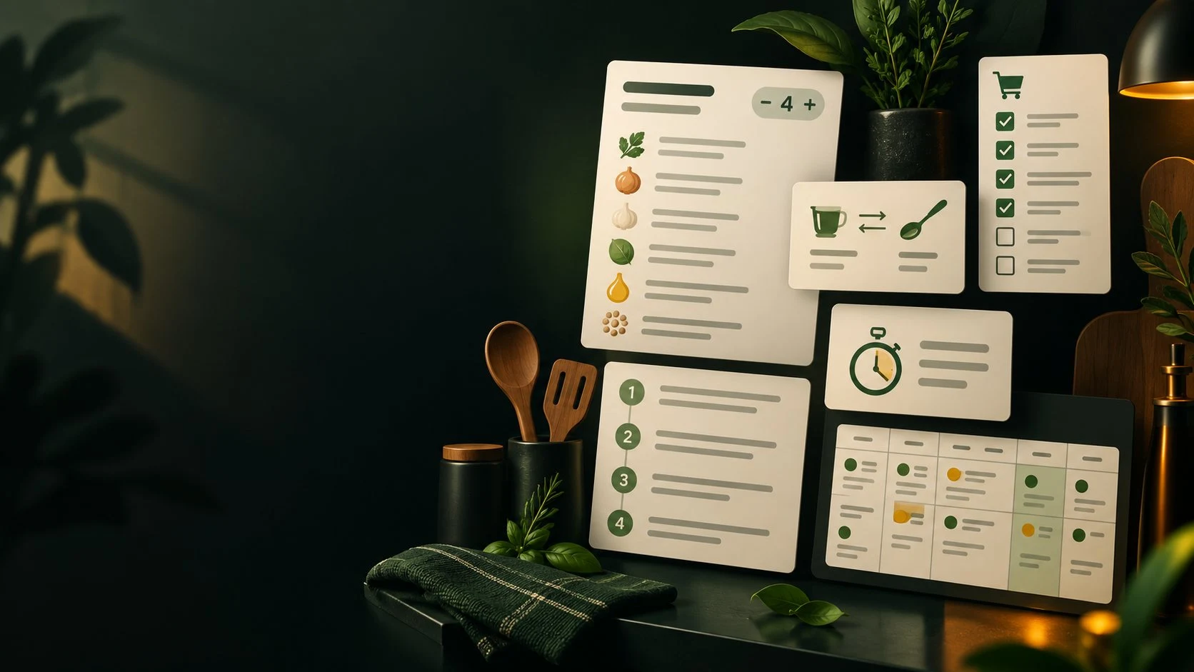 Illustrated recipe, serving, shopping, timer and meal-plan cards beside kitchen utensils and herbs.