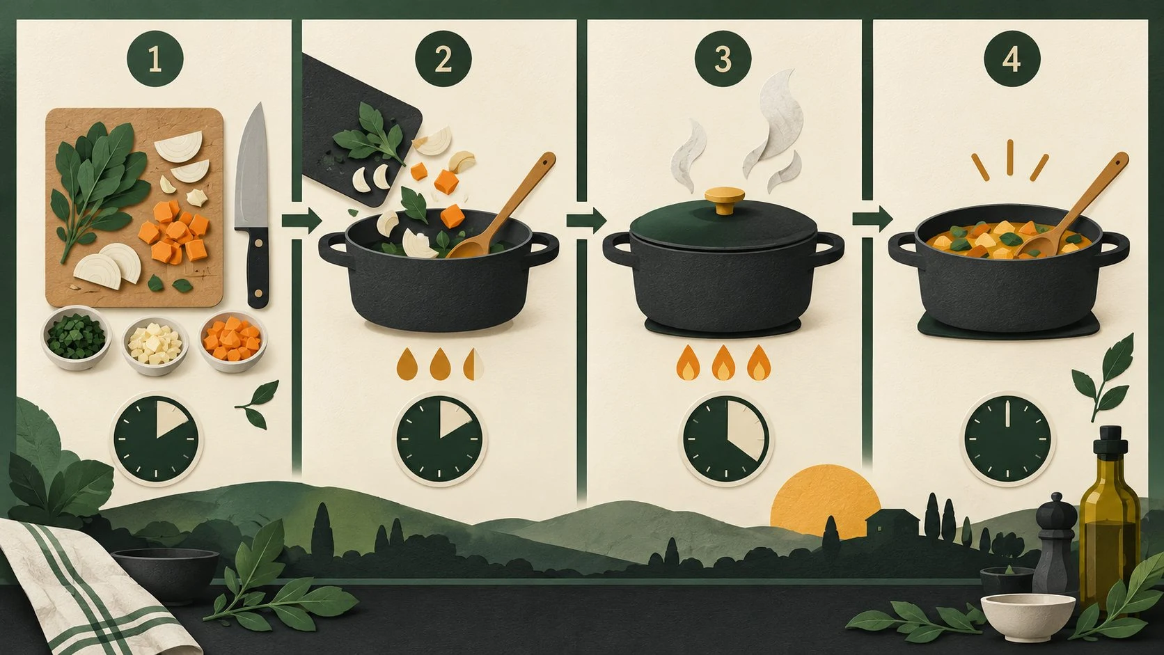 Illustrated sequence of preparing vegetables, cooking in a pot and serving a meal with timing symbols.