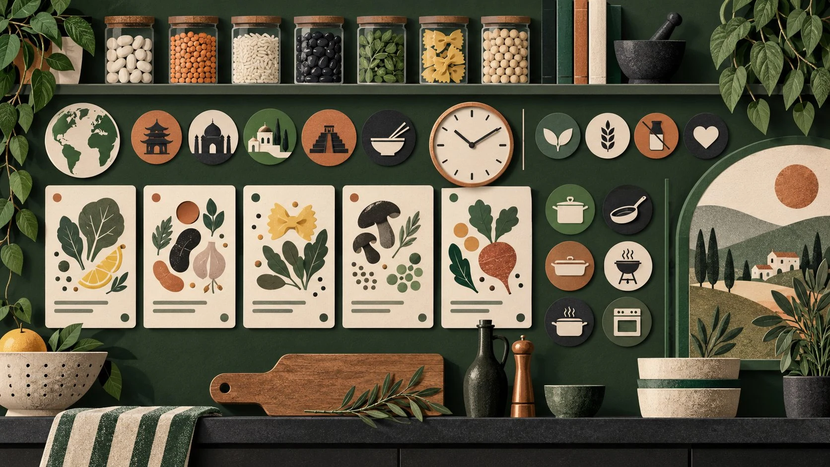 Illustrated pantry ingredients and recipe cards with cuisine, dietary, time and cooking-method symbols.